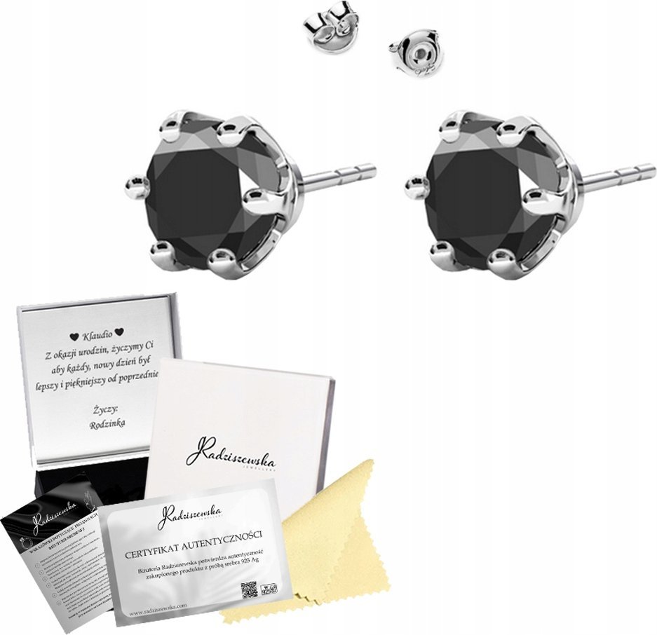 Radziszewska Jewellery Kolczyki Srebrne Cyrkonia Czarna 925 Prezent Biżuteria ŻYCZENIA GRATIS
