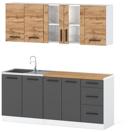 Meble Kuchenne Szare Z Drewnem Vero 2.6m Kuchnia Nowoczesna Dąb Wotan Szara