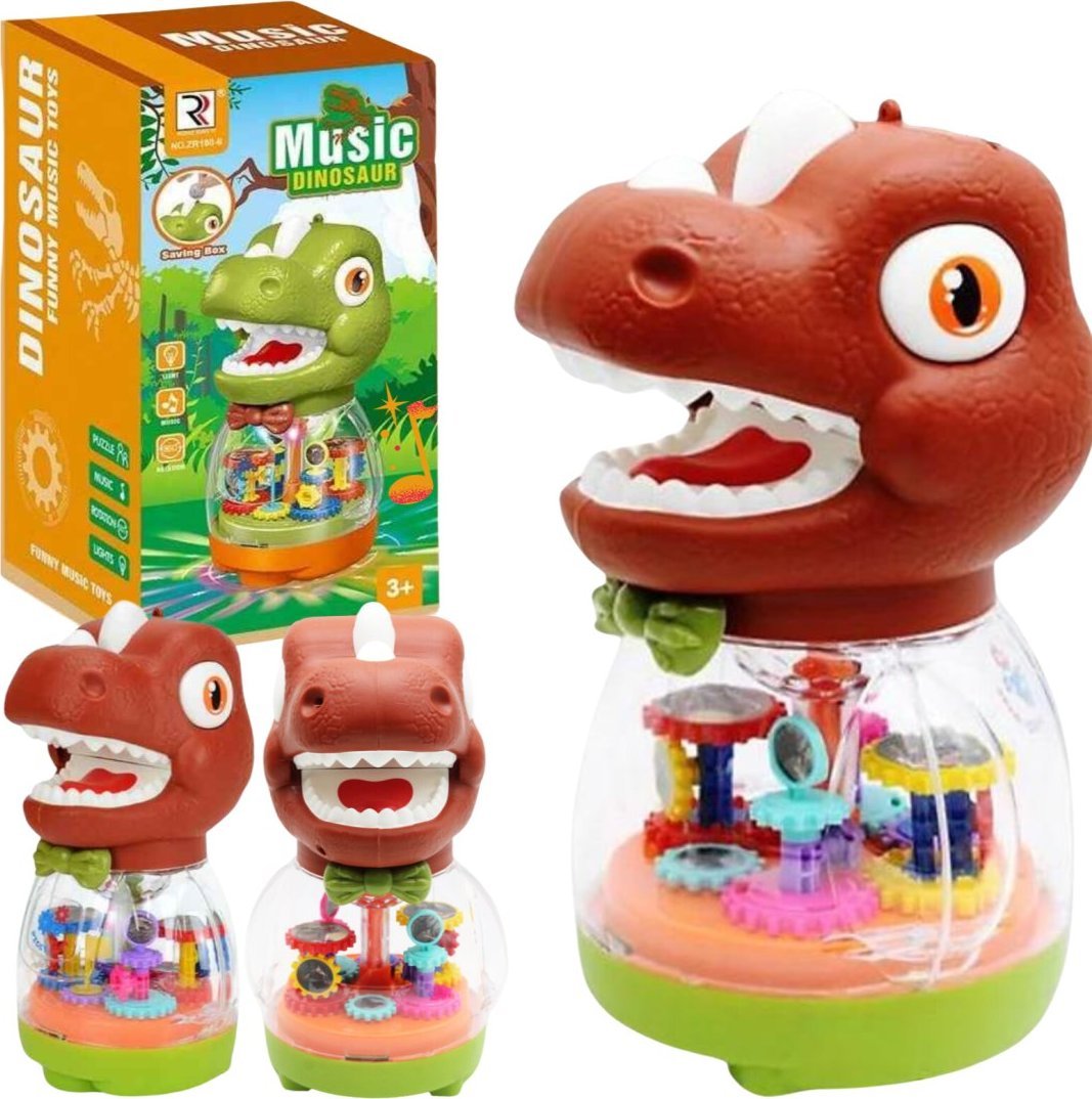 INTERAKTYWNY DINOZAUR POZYTYWKA SKARBONKA ZABAWKA ŚWIATEŁKA MELODIE ZĘBATKI