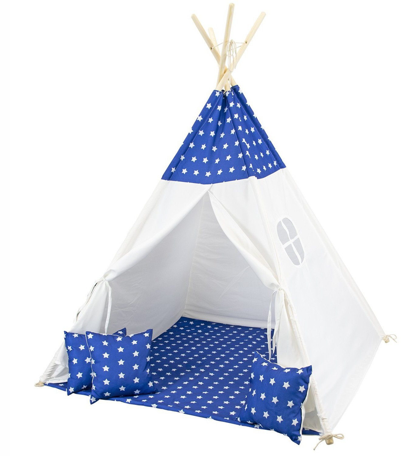 Niebieskie Tipi dla dzieci w gwiazdki z poduszkami i okienkiem