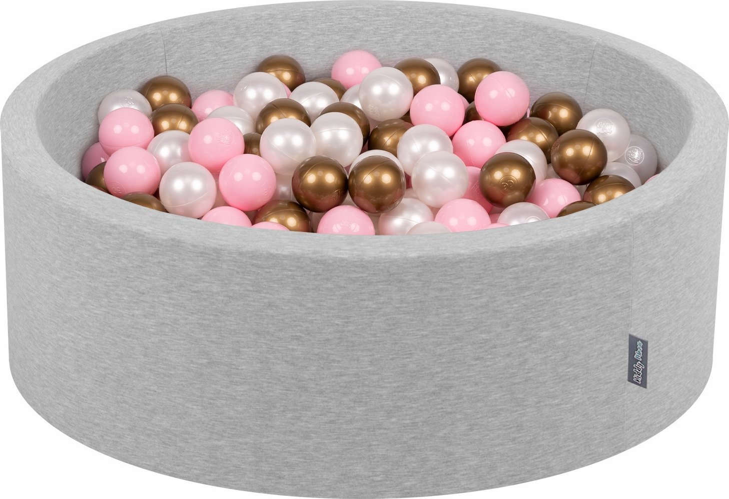 KiddyMoon Suchy basen okrągły z piłeczkami 7cm jasnoszary: pudrowy róż-perła-złoty 90x30cm/300piłek Zabawka basen piankowy