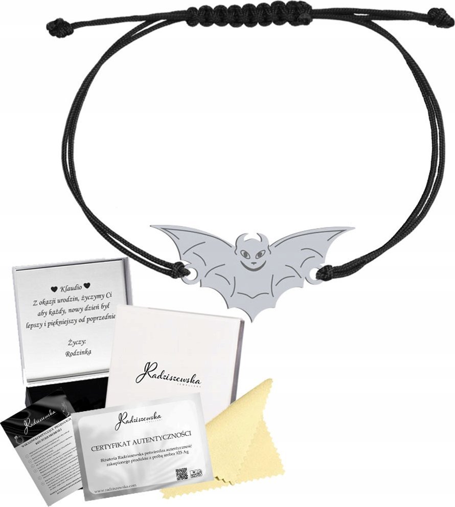 Radziszewska Jewellery Bransoletka Srebrna Nietoperz Halloween 925 Sznurek Prezent GRAWER ŻYCZENIA