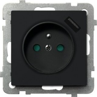 Ospel Gniazdo pojedyncze Ospel Sonata GP-1RZPUSB/m/33 z uziemieniem z przesłonami z ładowarką USB 2,1A czarne metalizowane
