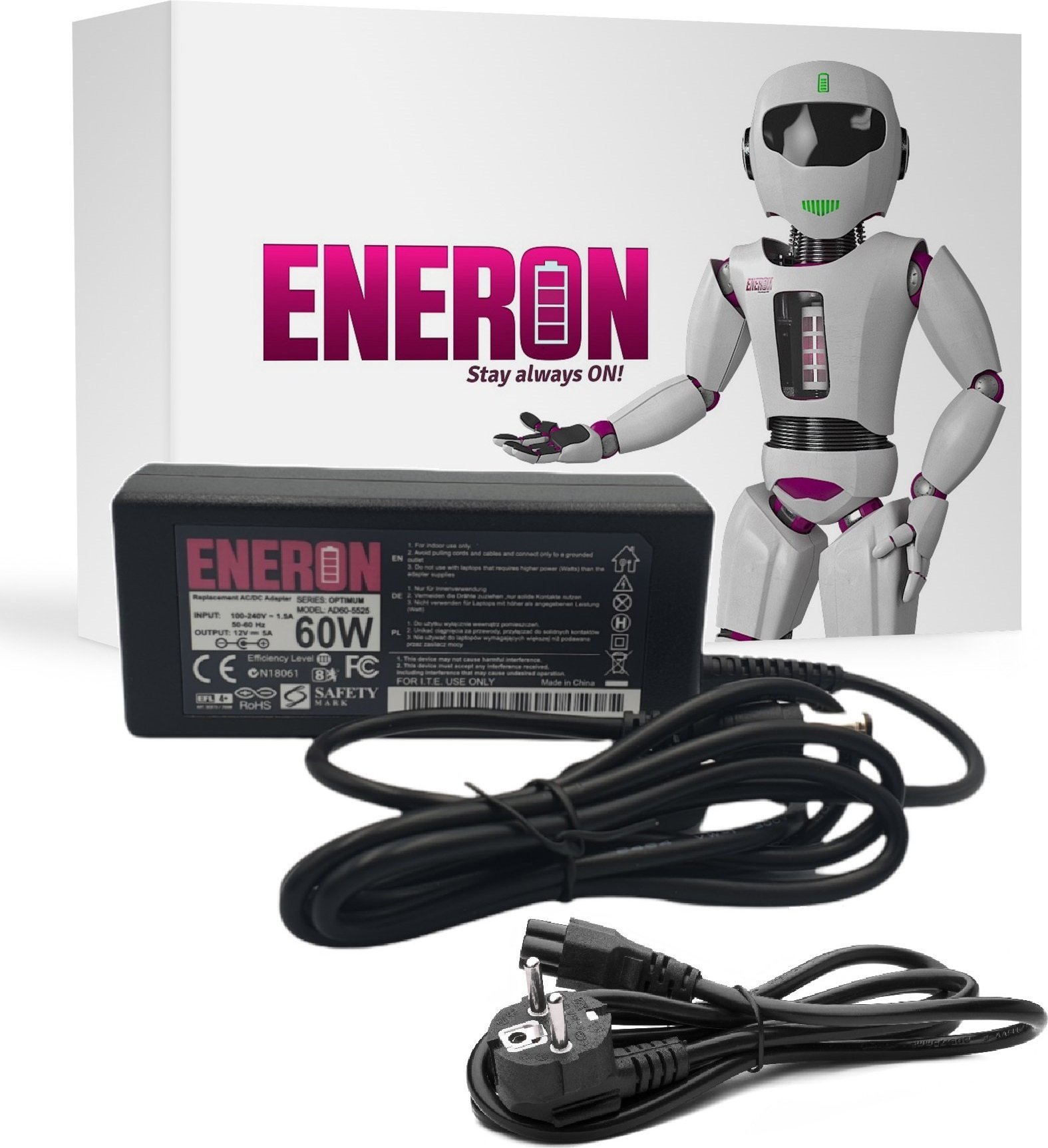 Zasilacz do laptopa Eneron Zasilacz ładowarka uniwersalna 12V 60W 5A wtyk 5,5x2,5mm + kabel zasilający