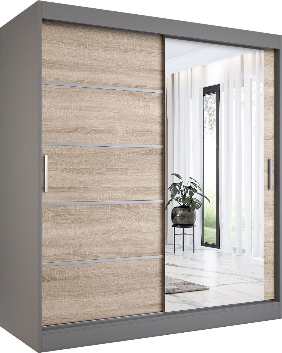 MKPOL Szafa przesuwna MODUO COMFORT 2 180 antracyt/dąb sonoma z lustrem