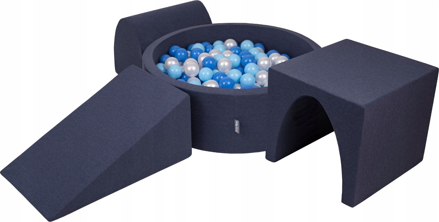 KiddyMoon Piankowy plac zabaw PPZP-OK30D-124 z piłeczkami granatowy: babyblue-niebieski-perła basen 300/klin L/górka/tunel Zabawka plac zabaw