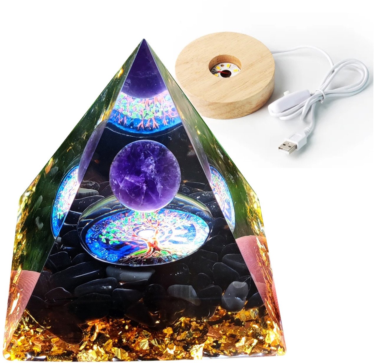 Piramida ORGONIT +LED Lampka PODSTAWA 5cm KRYSZTAŁ KAMIENIE AMULET 5cm HX03
