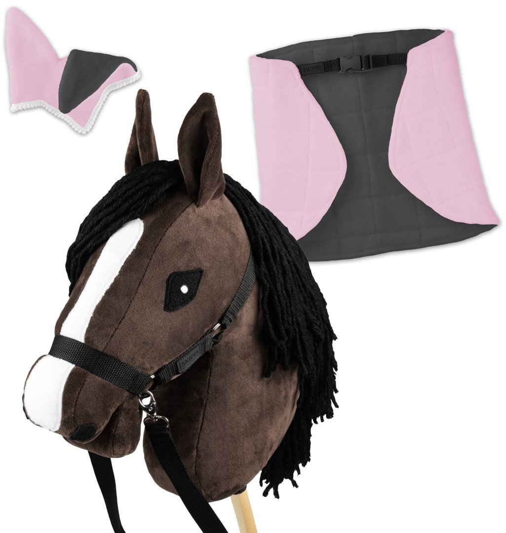 Zestaw Skippi - Hobby Horse Gniady - Derka i nauszniki - różowa i szara