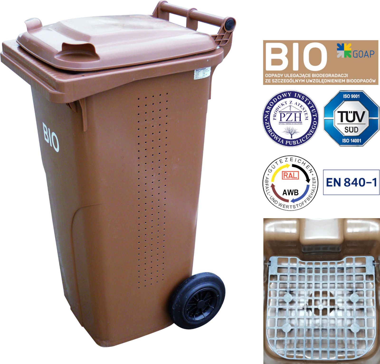 Europlast Pojemnik kubeł kosz na BIOodpady z podwójnym dnem brązowy 240L BIO + RUSZT