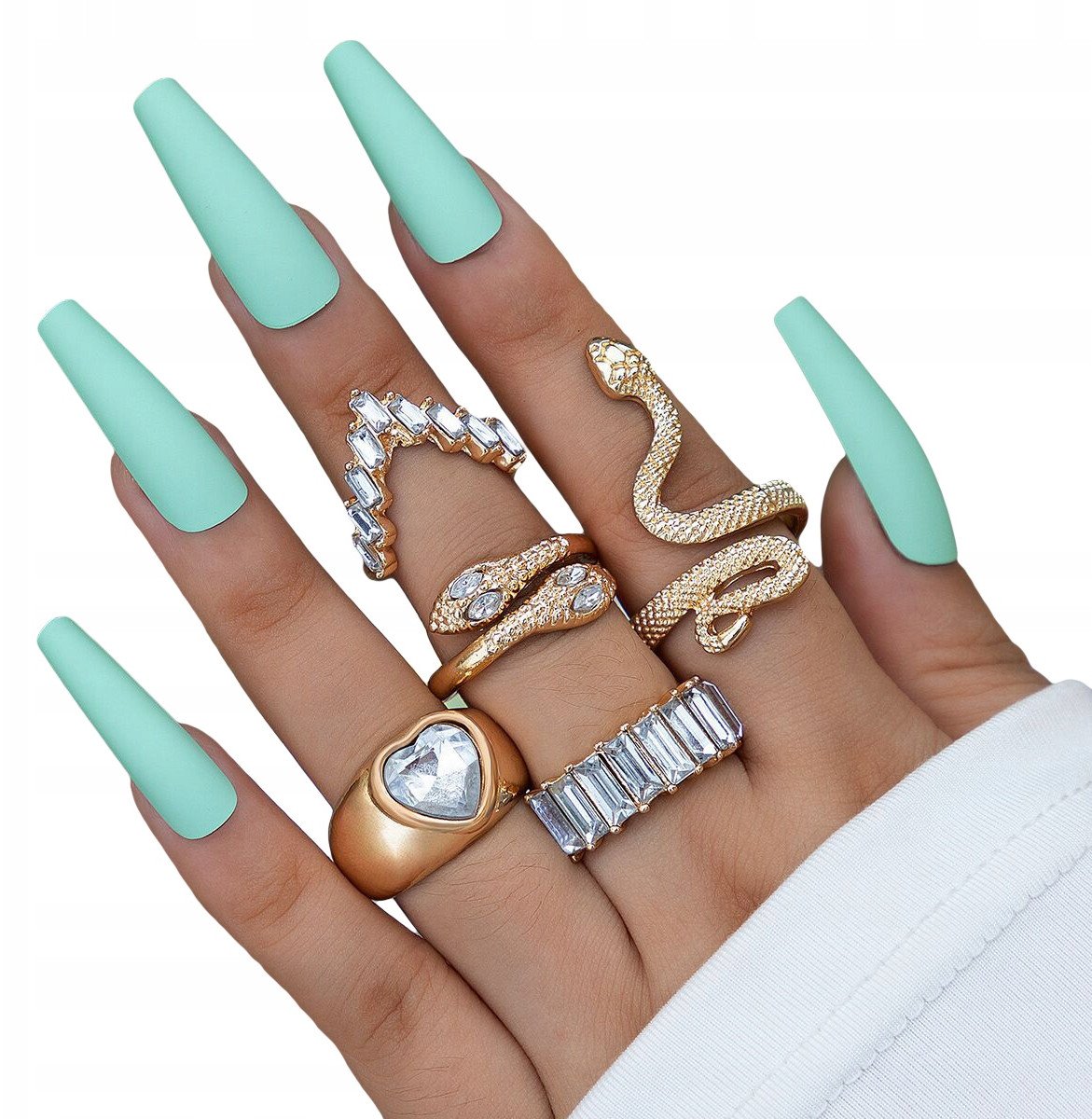 ZESTAW Złotych PIERŚCIONKÓW RETRO PUNK VINTAGE 5 Sztuk WĄŻ Serce BIAŁY