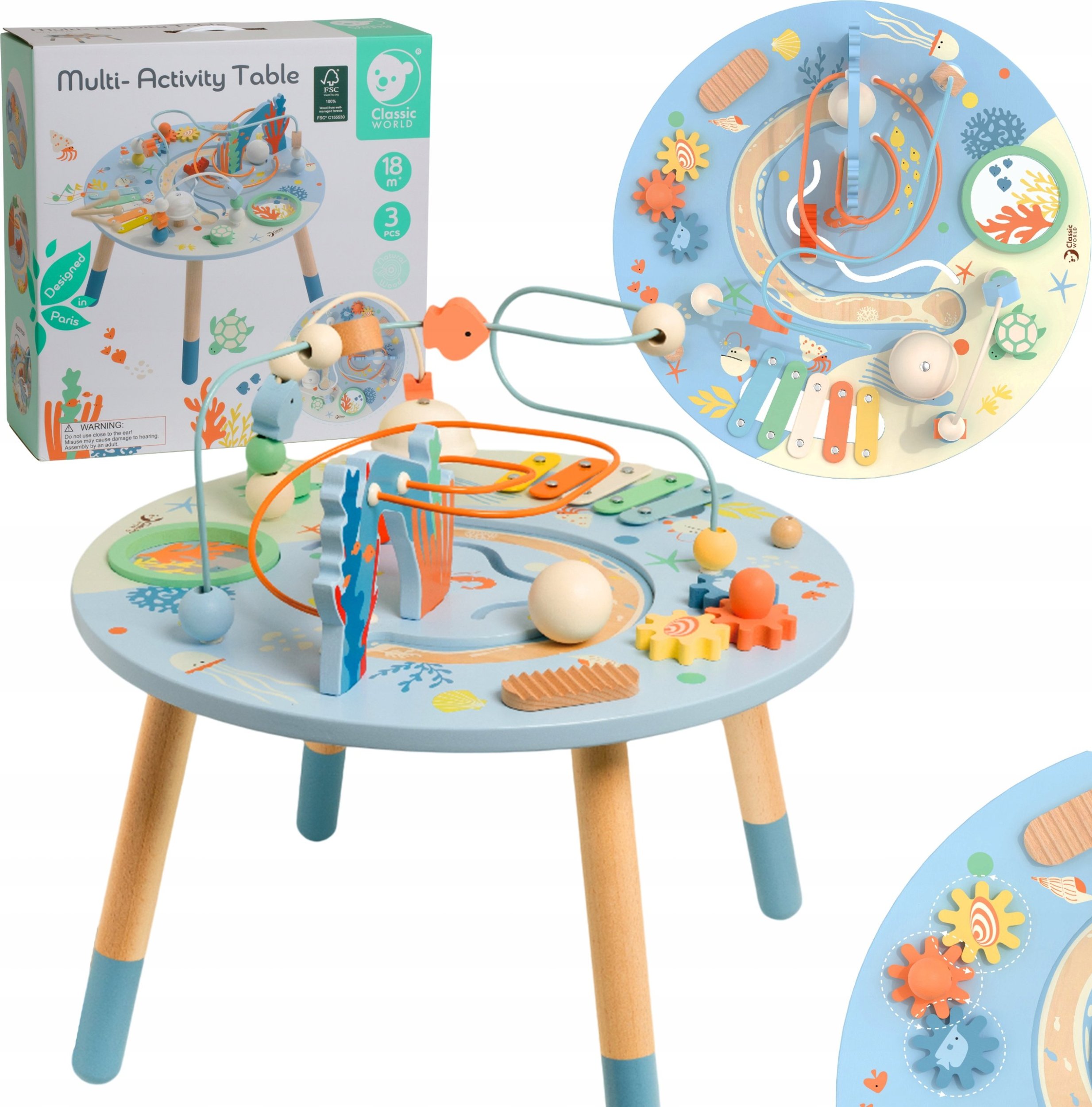 CLASSIC WORLD Drewniany Stolik Aktywności "Morskie Życie" Muzyczno Edukacyjny