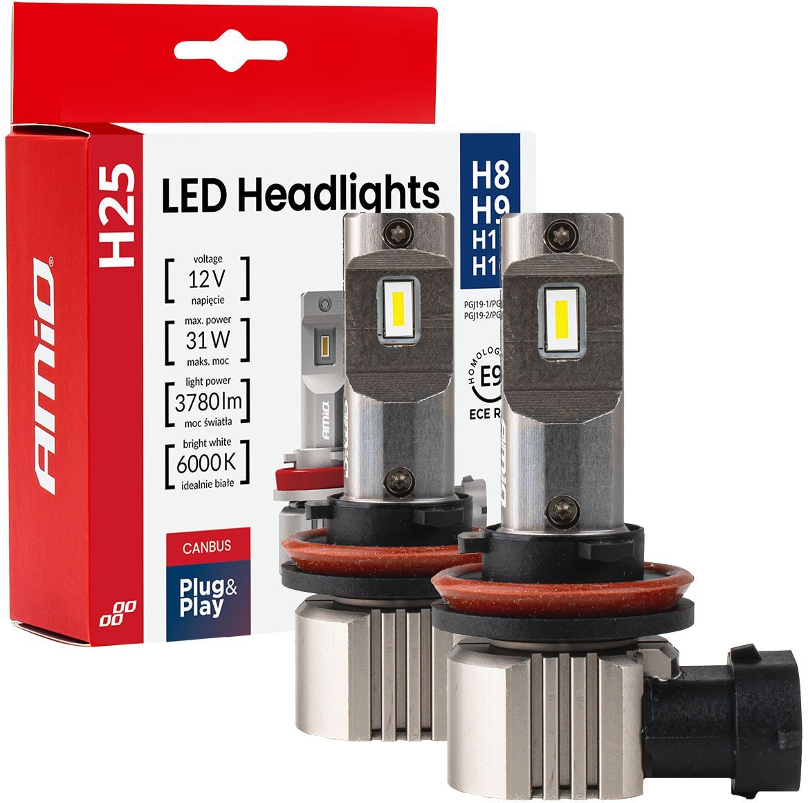 Żarówki samochodowe led seria h25 canbus h8 h9 h11 h16 12v 31w amio-04713