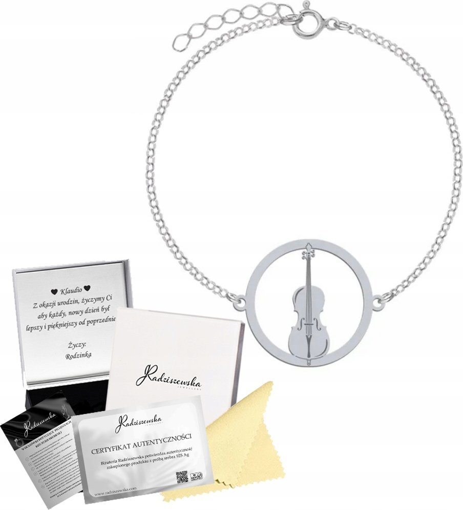 Radziszewska Jewellery Bransoletka Srebrna Wiolonczela Ankier Srebro 925 Prezent GRAWER GRATIS