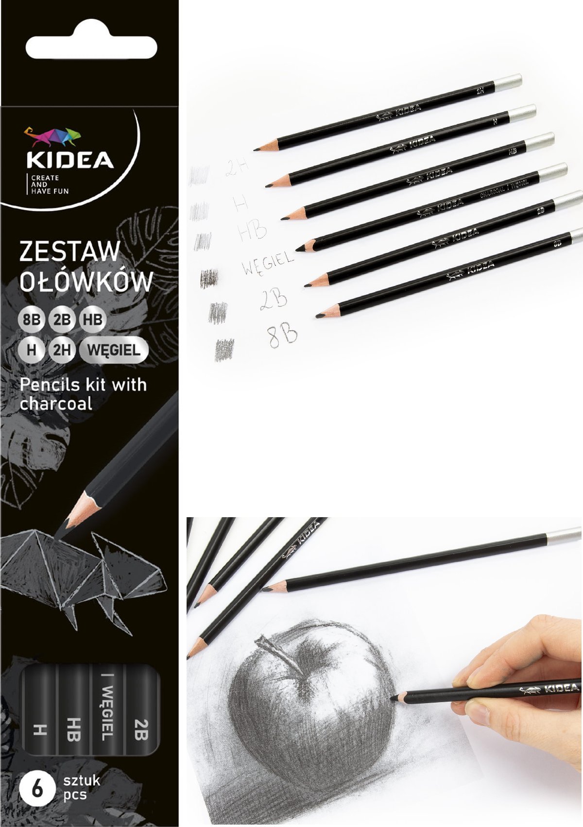 Derform ZESTAW OŁÓWKÓW Z WĘGLEM 6 SZT KIDEA