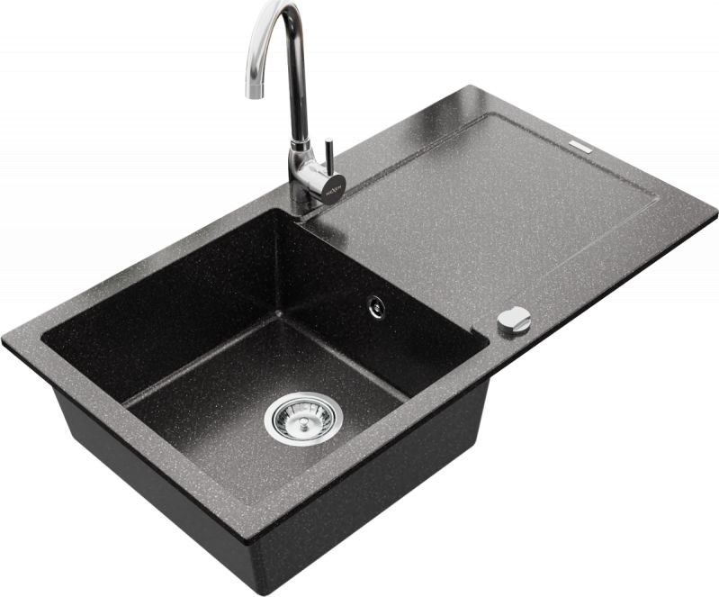 Zlewozmywak Mexen Leo granitowy 1-komorowy z ociekaczem i baterią kuchenną Telma, czarny nakrapiany - 6501-76-670200-00
