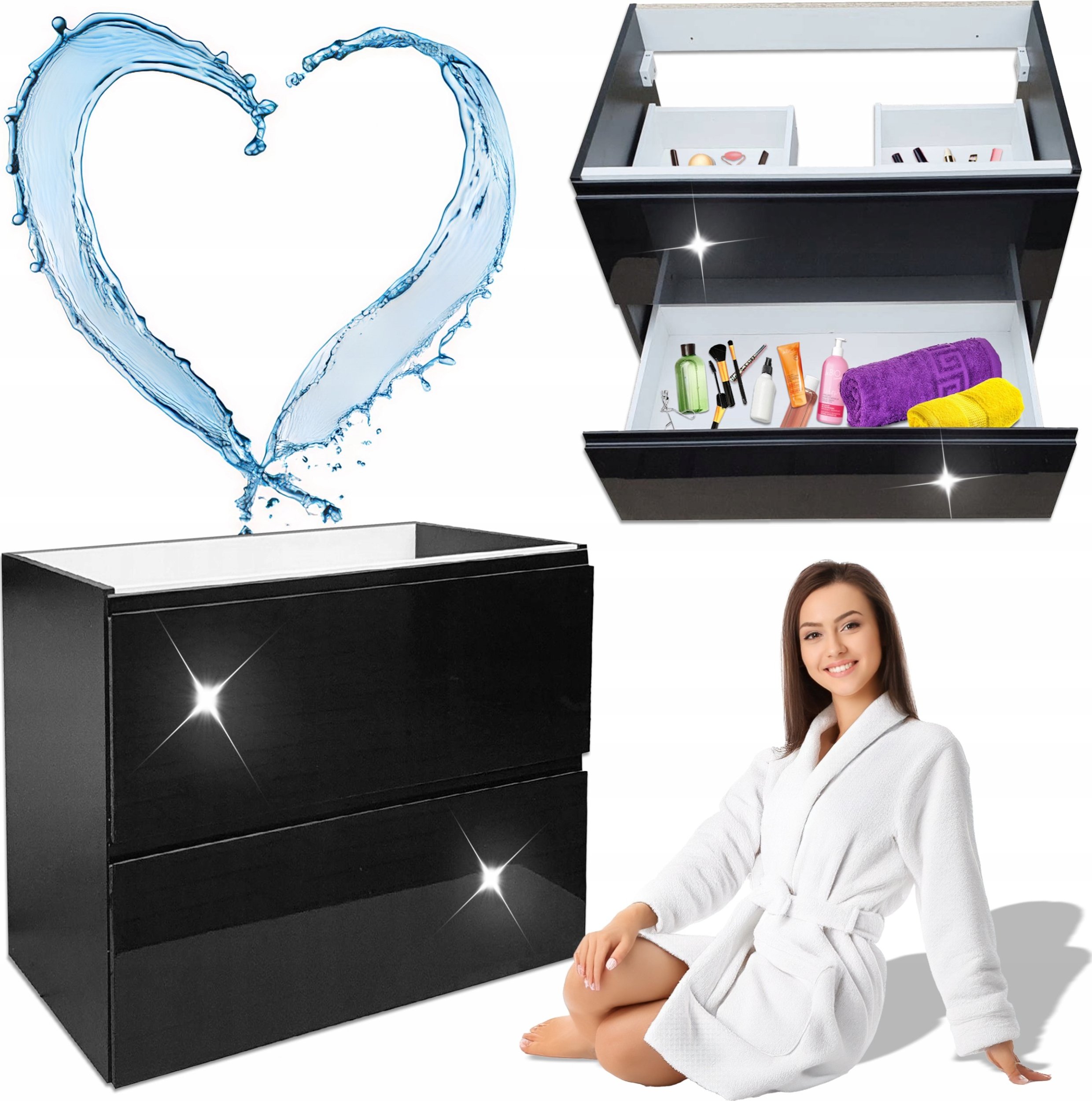 Stamar Szafka Łazienkowa Wisząca pod Blat Czarna Połysk 60 x 50 x 46 Szuflady MDF