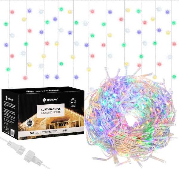 Springos Kurtyna świetlna 500 led girlanda, lampki wewnętrzno-zewnętrzne sople multikolor z zimnym białym flash UNIWERSALNY