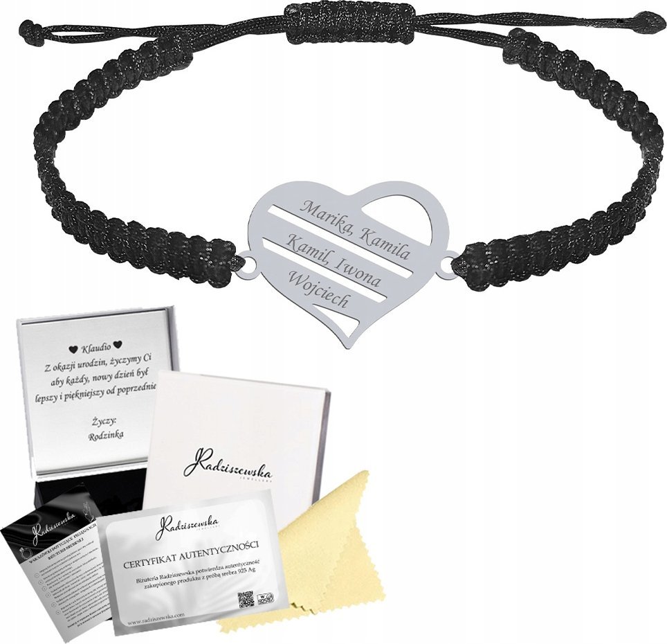 Radziszewska Jewellery Bransoletka Srebrna Serce z grawerem Dzień Matki Srebro 925 Makrama Prezent