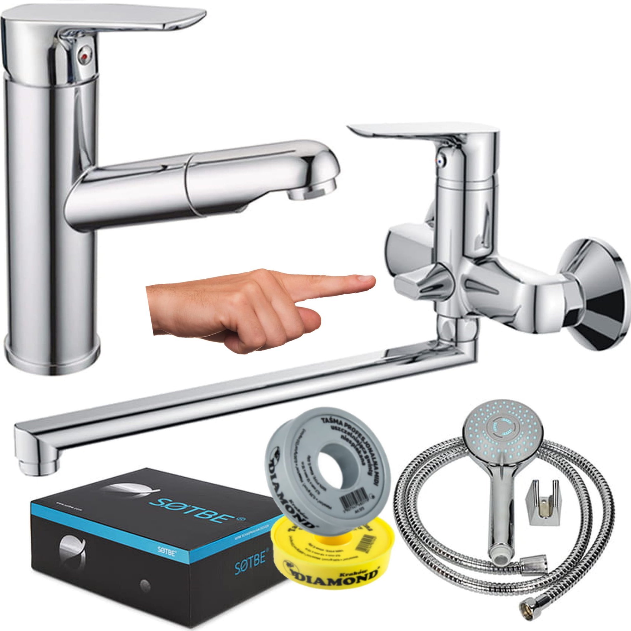 Sotbe SOTBE INARI bateria wannowa ścienna z długą ruchomą wylewką + bateria umywalkowa z wyciąganą wylewką