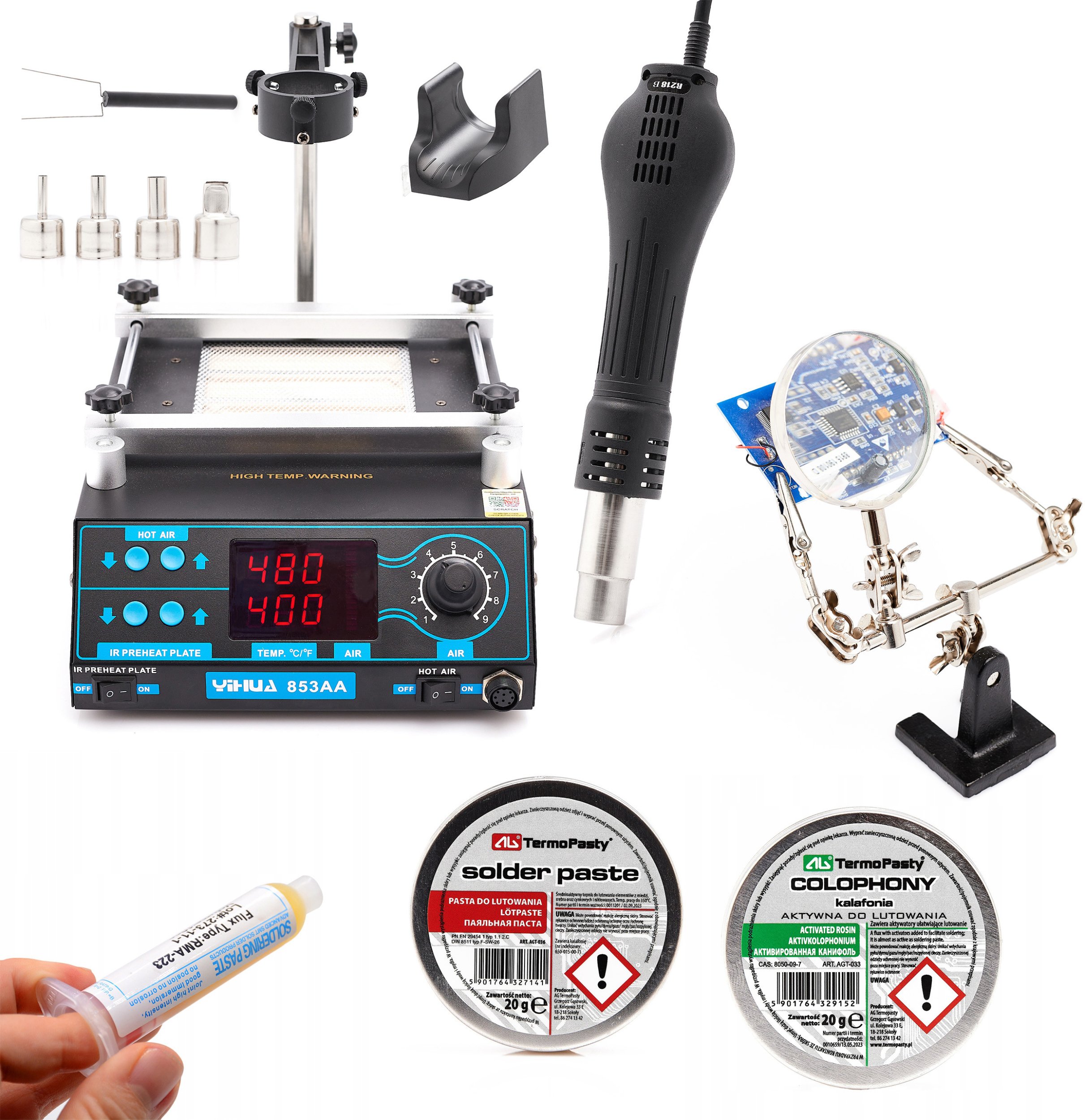 Stacja Lutownicza Yihua 853AA 1200W 4 Dysze Topnik Pasta Kalafonia Lupa Trzecia Ręka