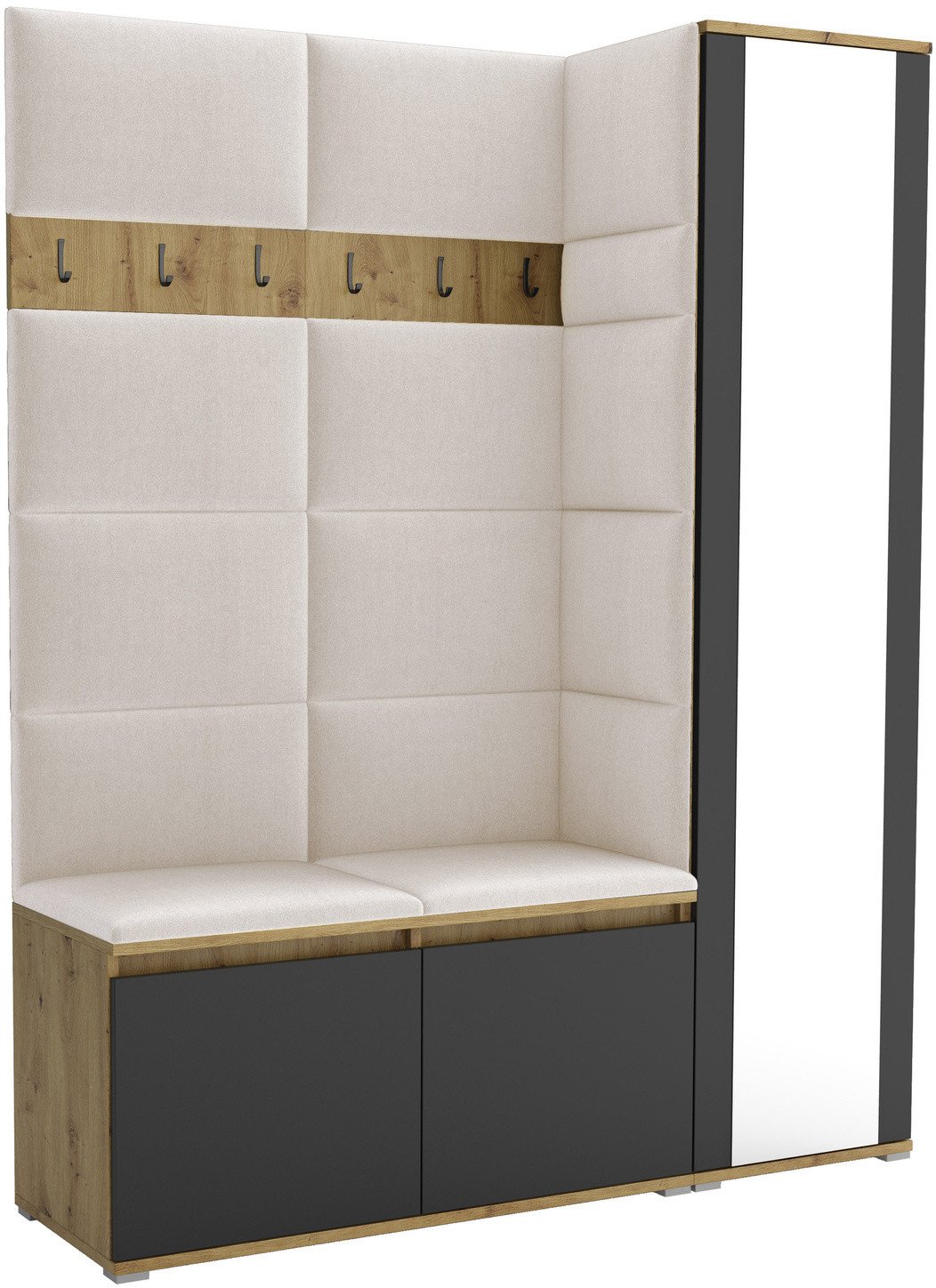 Tapicerowana garderoba Noris VII z lustrem - kolor artisan z czarnym frontem + tkanina Trinity 01