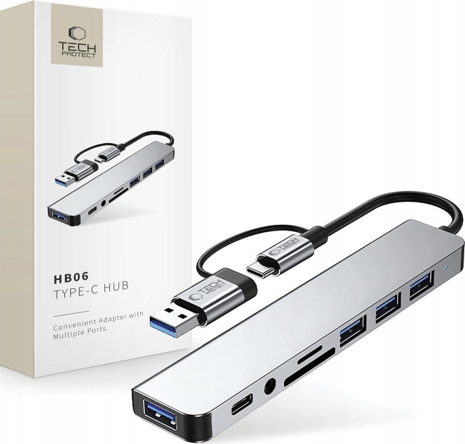 TECH-PROTECT HB06 HUB ADAPTER 9IN1 TYPE-C + USB2.0 + USB3.0 + SD/TF + AV3.5 SPACE GREY