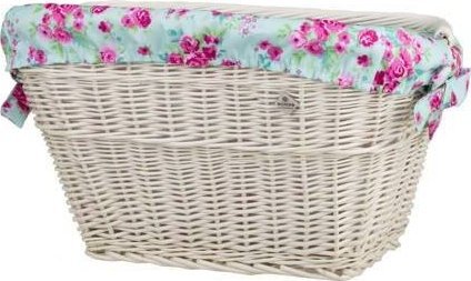 WickerPL Wiklinowy Wybielany Kosz na Rower Kosz Rowerowy z Obszyciem i Paskami Skórzanymi 46x34 H23/28 cm