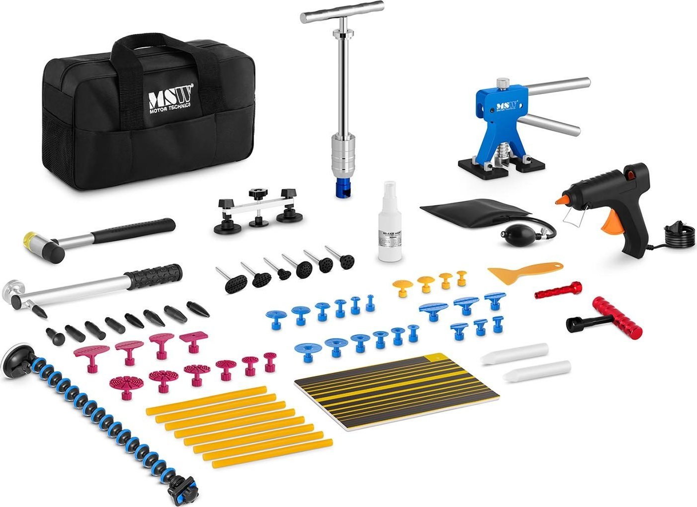 MSW Zestaw naprawczy PDR do usuwania wyciągania wgnieceń w karoserii PROFI - 70 elementów Zestaw naprawczy PDR do usuwania wyciągania wgnieceń w karos