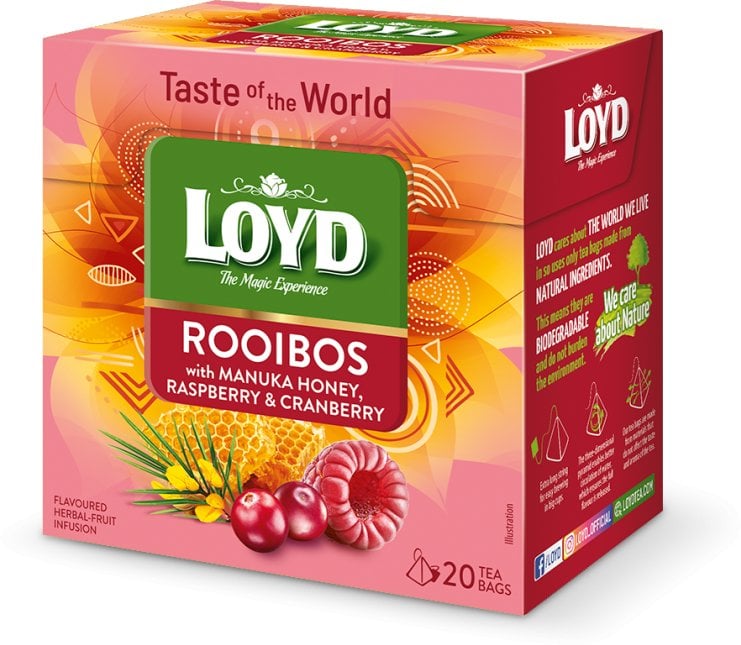 Loyd Herbata rooibos z miodem manuka o smaku maliny i żurawiny 20 piramidek