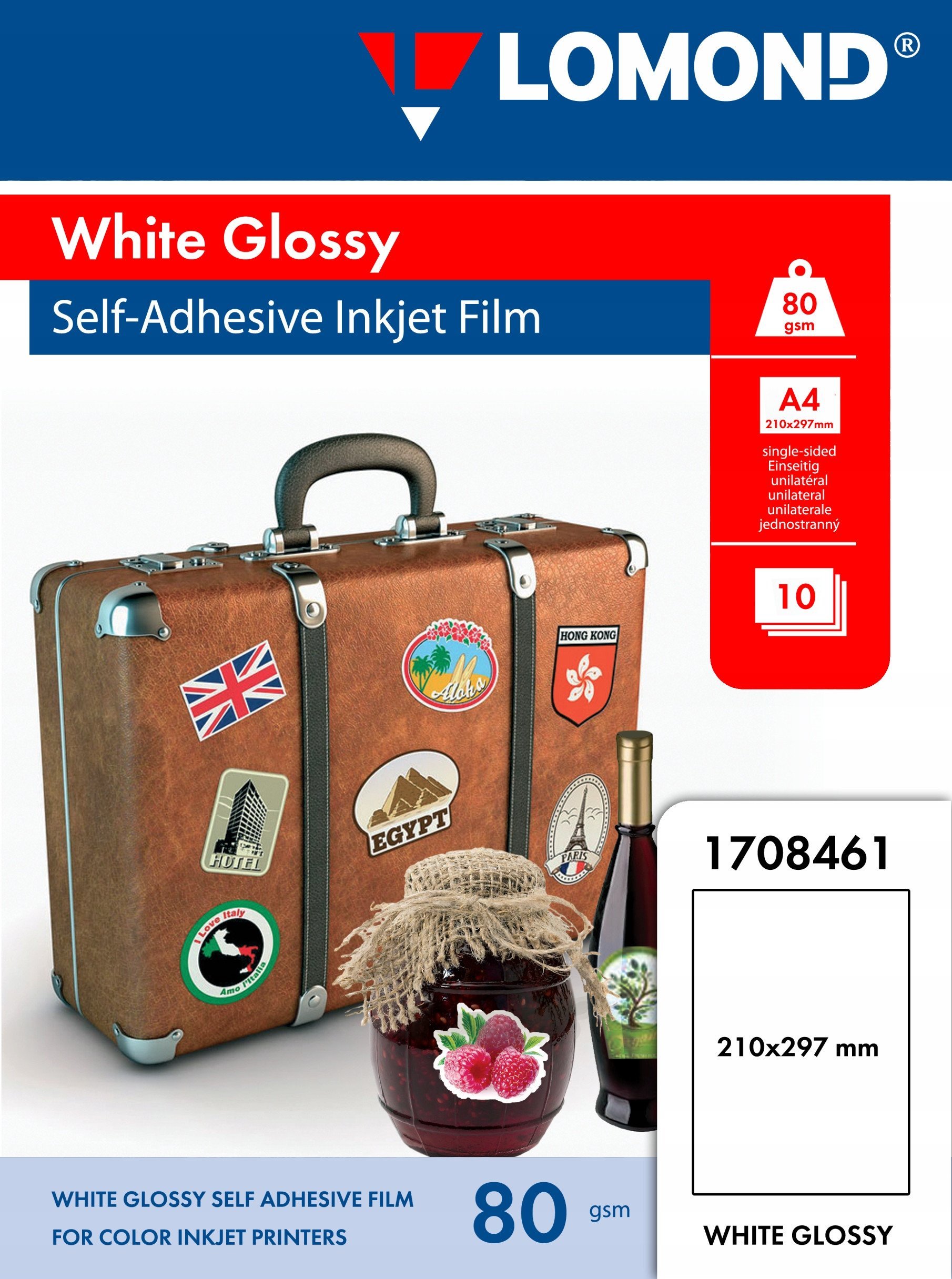 Lomond PET Film for inkjet printers, White Glossy, Self-Adhesive A4, 10 sheets