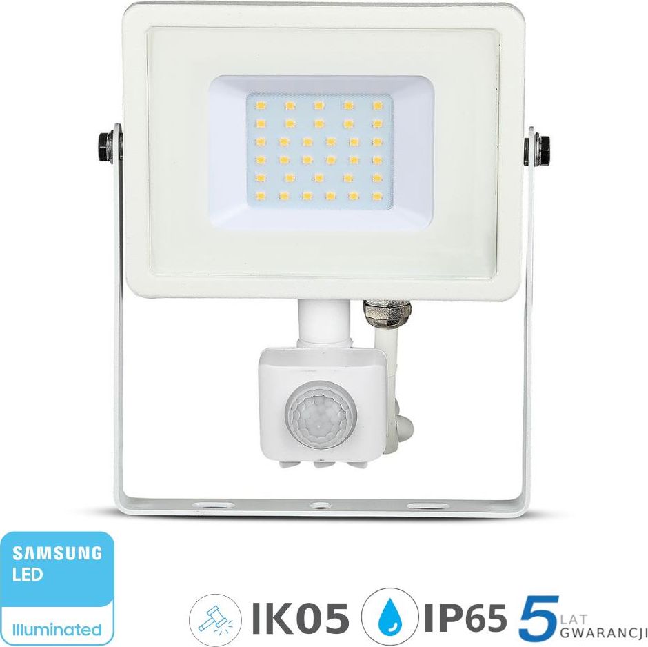 Naświetlacz V-TAC Projektor LED 30W 2400lm 6400K Dioda SAMSUNG z czujnikiem ruchu PIR Biały IP65 459