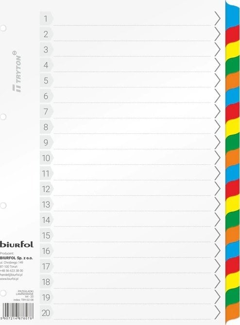 Biurfol Przekładki kartonowe Biurfol A4 20 kart