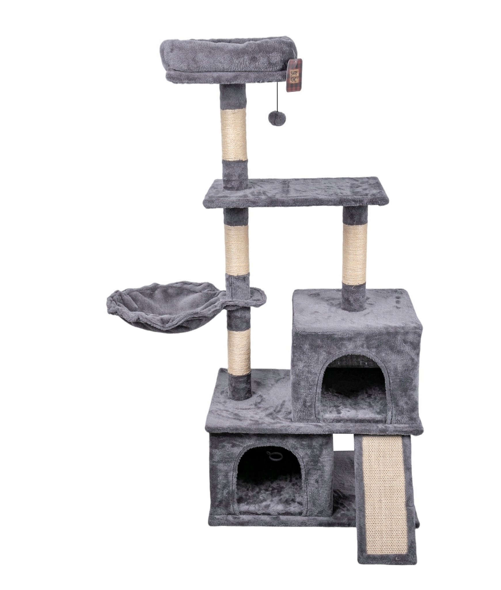 Drapak dla kota, szary, 135cm, z miejscem na legowisko, rampą i piłeczką