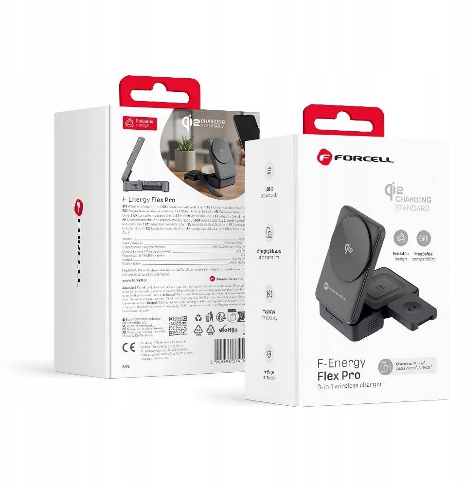 Ładowarka indukcyjna Forcell F-Energy 3w1 Flex Pro Qi2 zgodna z MagSafe (F-05) srebrna