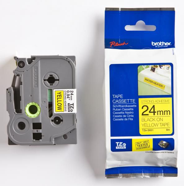 Brother Taśma do drukarek etykiet czarny druk / żółty podkład laminowane mocny klej 24mm x 8m (TZES651)