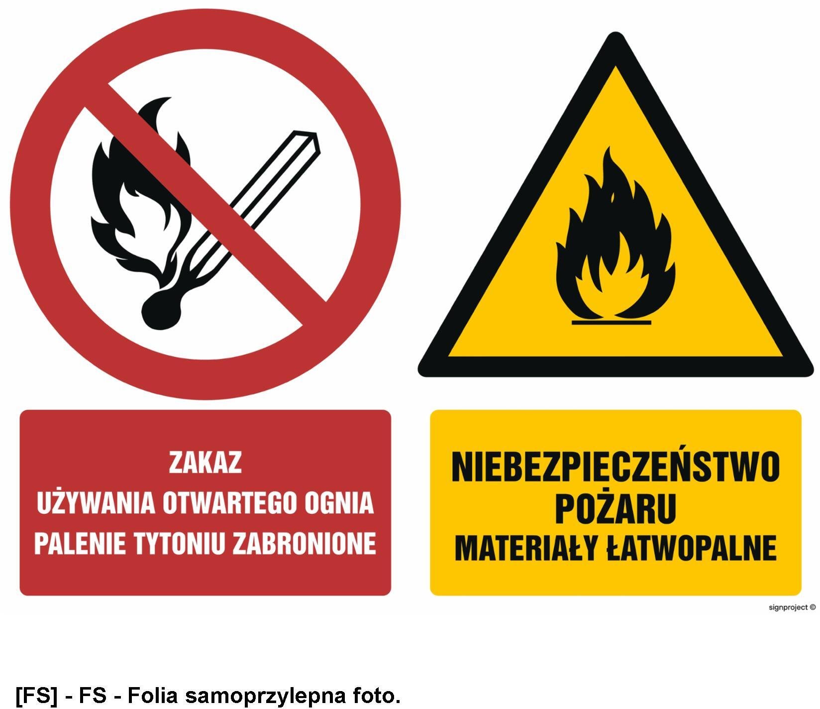 TD Systems GM001 - Zakaz używania otwartego ognia Palenie tytoniu zabronione Niebezpieczeństwo pożaru Materiały łatwopalne 600x450