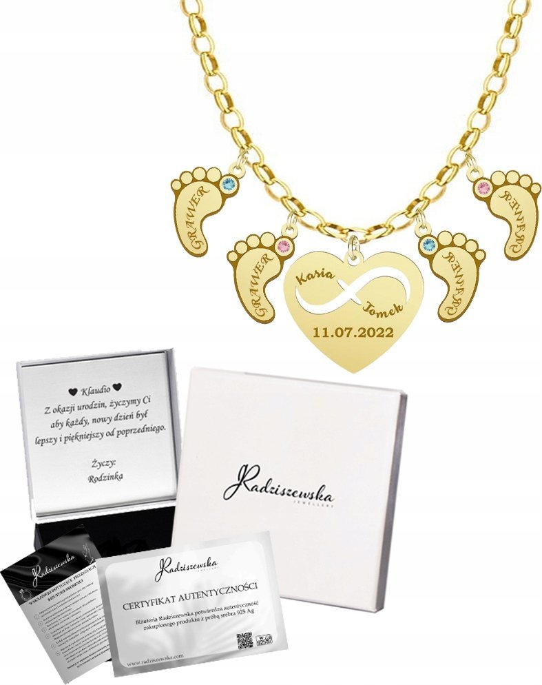 Radziszewska Jewellery Złoty Naszyjnik Serce Stópki Imię Dziecka Prezent 925 Dzień Matki GRAWER
