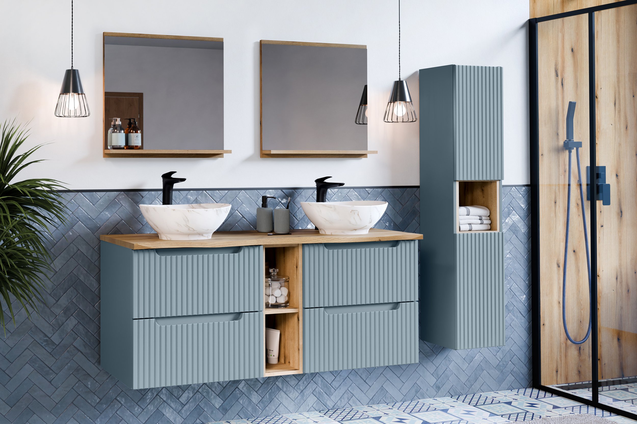 Zestaw meblowy 140cm z blatem, umywalką nablatową Anna i szafką wysoką