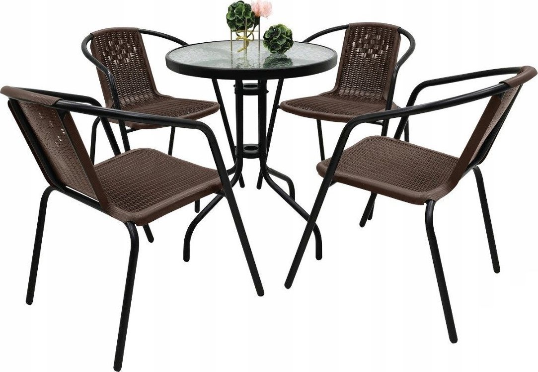 Zestaw ogrodowy kawowy na taras dla 4 osób stół fi60 i krzesła brązowy