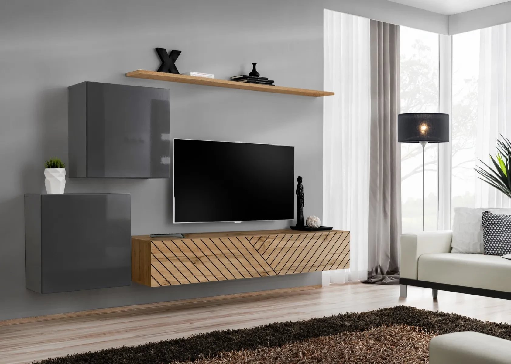 Meblościanka SWITCH LAMEL V szara/dąb wotan ASM Meble