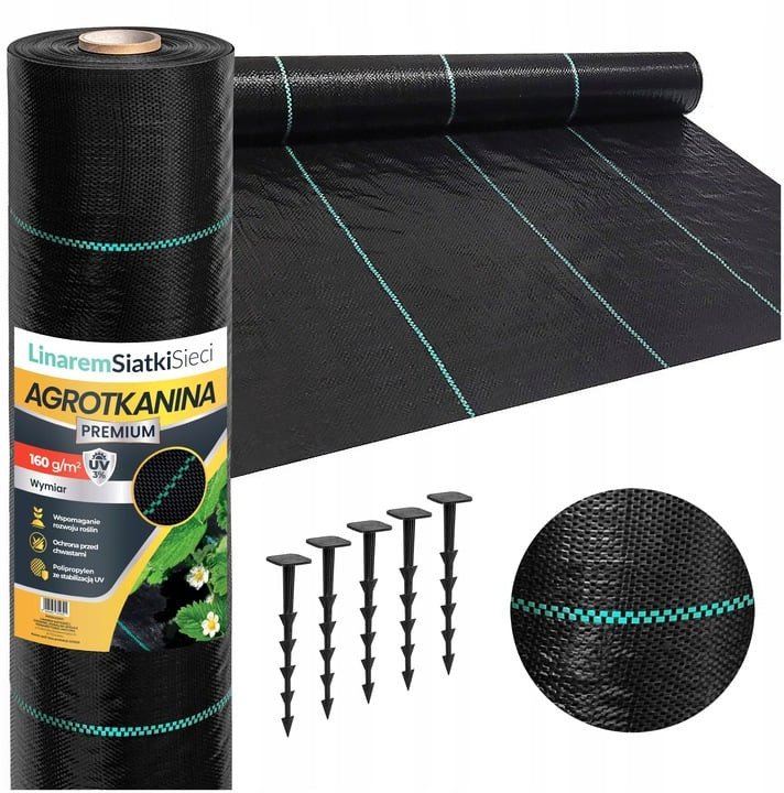 AGROTKANINA 160G 1,1x50m PREMIUM UV 3% AGROWŁÓKNINA CZARNA MATA + KOŁKI