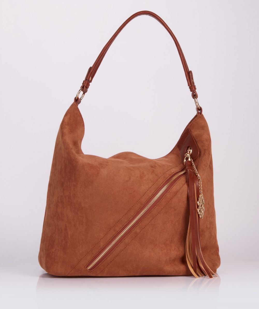 Monnari Torebka damska Monnari klasyczna zamszowa z chwostem i brelokiem brązowa