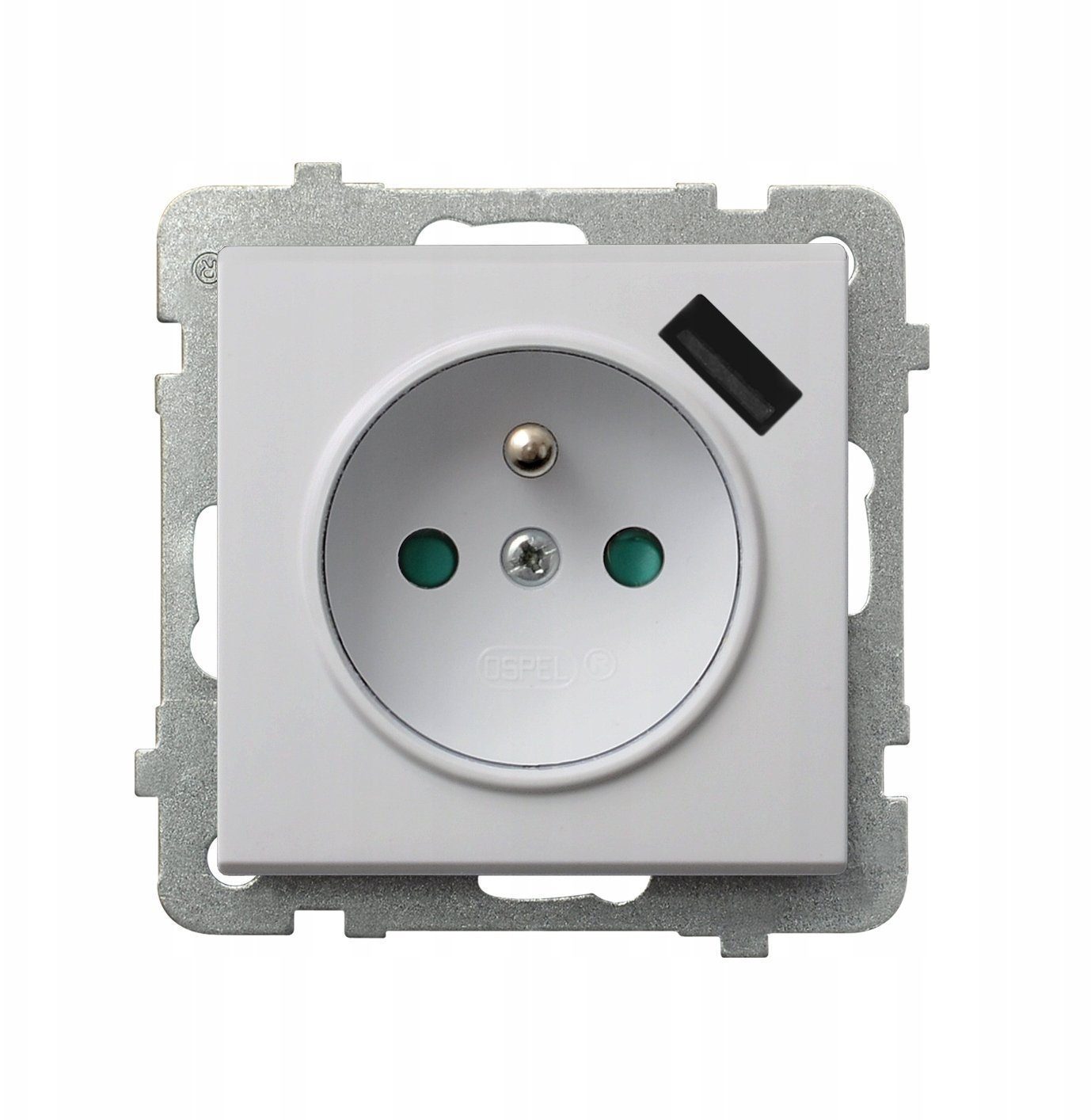 Ospel Gniazdo pojedyncze z uziemieniem z przesłonami torów prądowych, z ładowarką USB biały mat GP-1RZPUSB/m/75