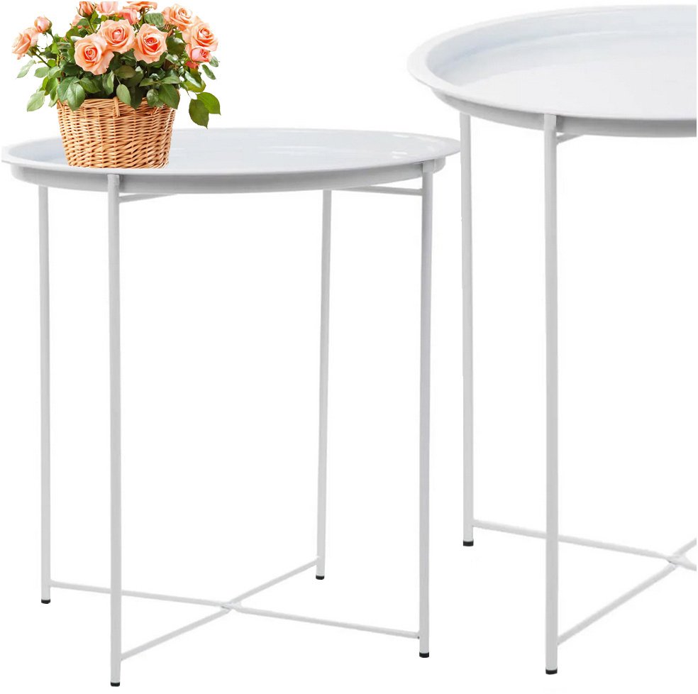 Stolik okrągły kawowy metalowy składany z tacą na taras balkon loft biały