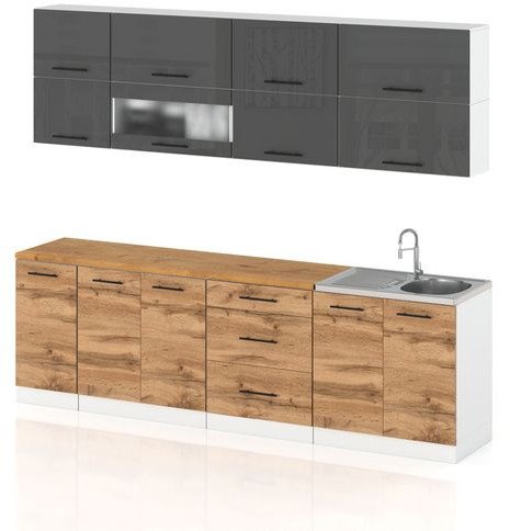 Meble Kuchenne Zestaw Kuchnia Robo Lux 2.6m Komplet Czarny Połysk Dąb Wotan