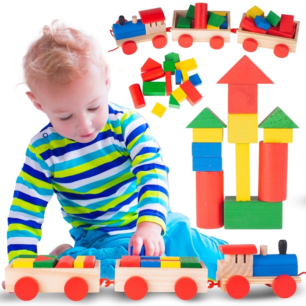 Drewniany Pociąg Kolejka Ciuchcia z Klockami 19el.