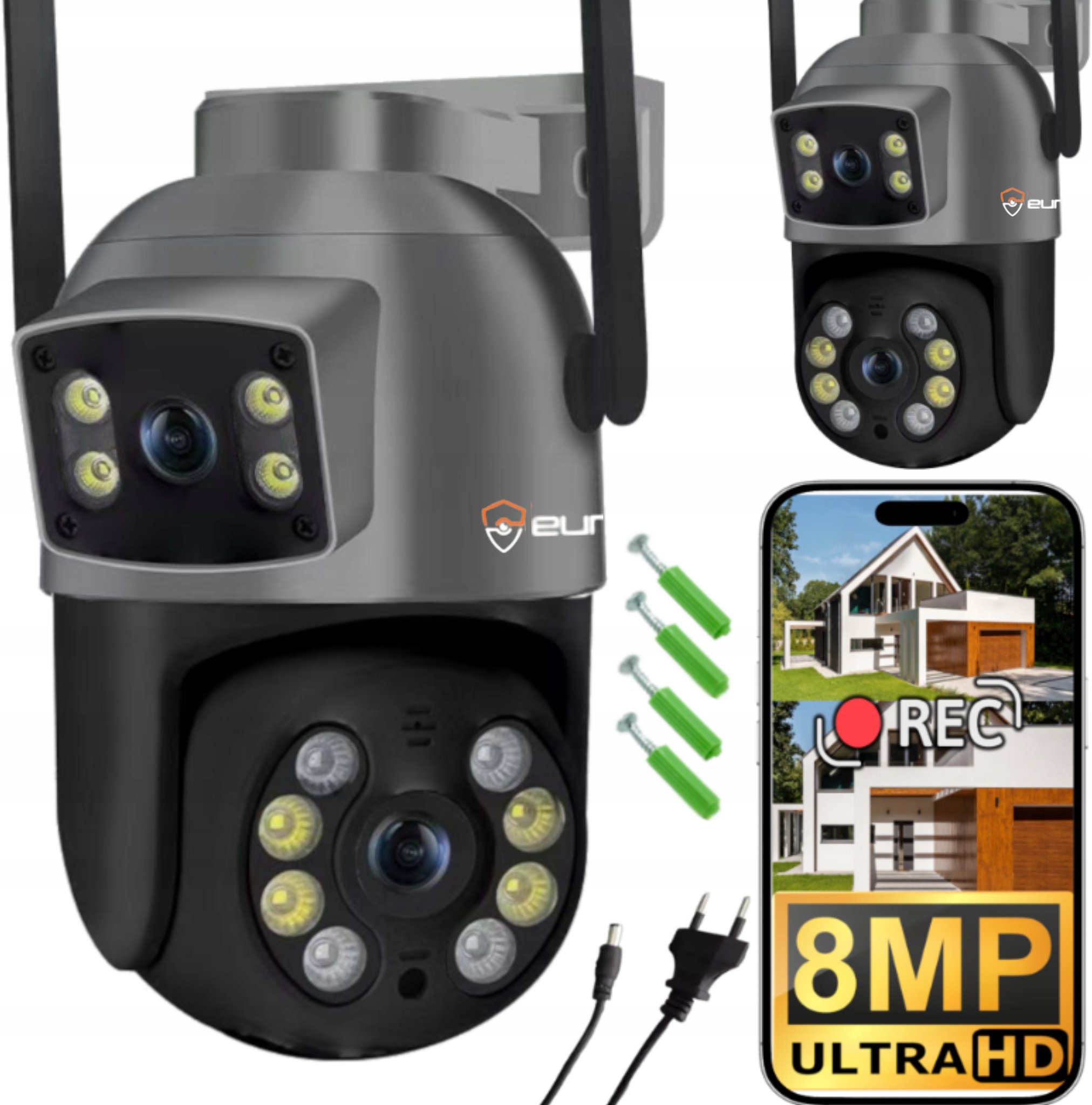 Podwójna Obrotowa Kamera WiFi Zewnętrzna Aplikacja Alarm Czujnik 8MP 4K UHD