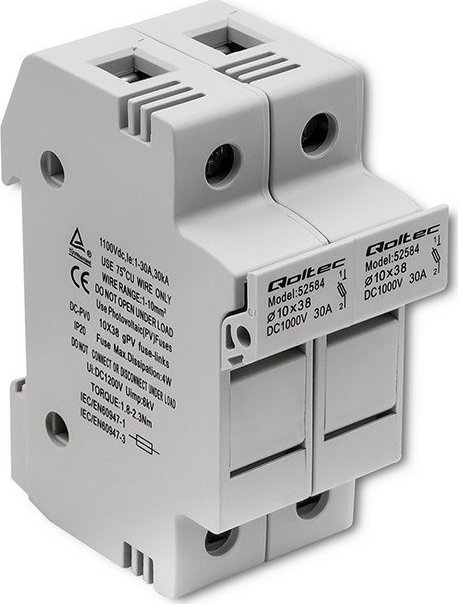 Qoltec Podstawa bezpiecznikowa + bezpiecznik DC | 2P | 1000V | 30A | 10x38 | solar