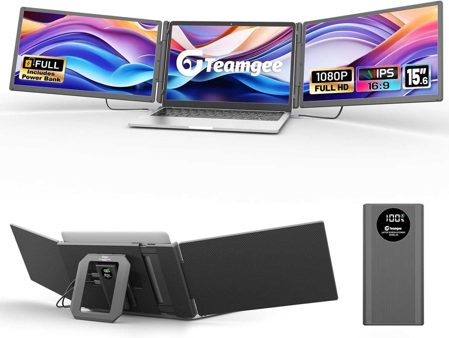 Teamgee Monitor przenośny 15,6" potrójne rozszerzenie 1080P FHD IPS