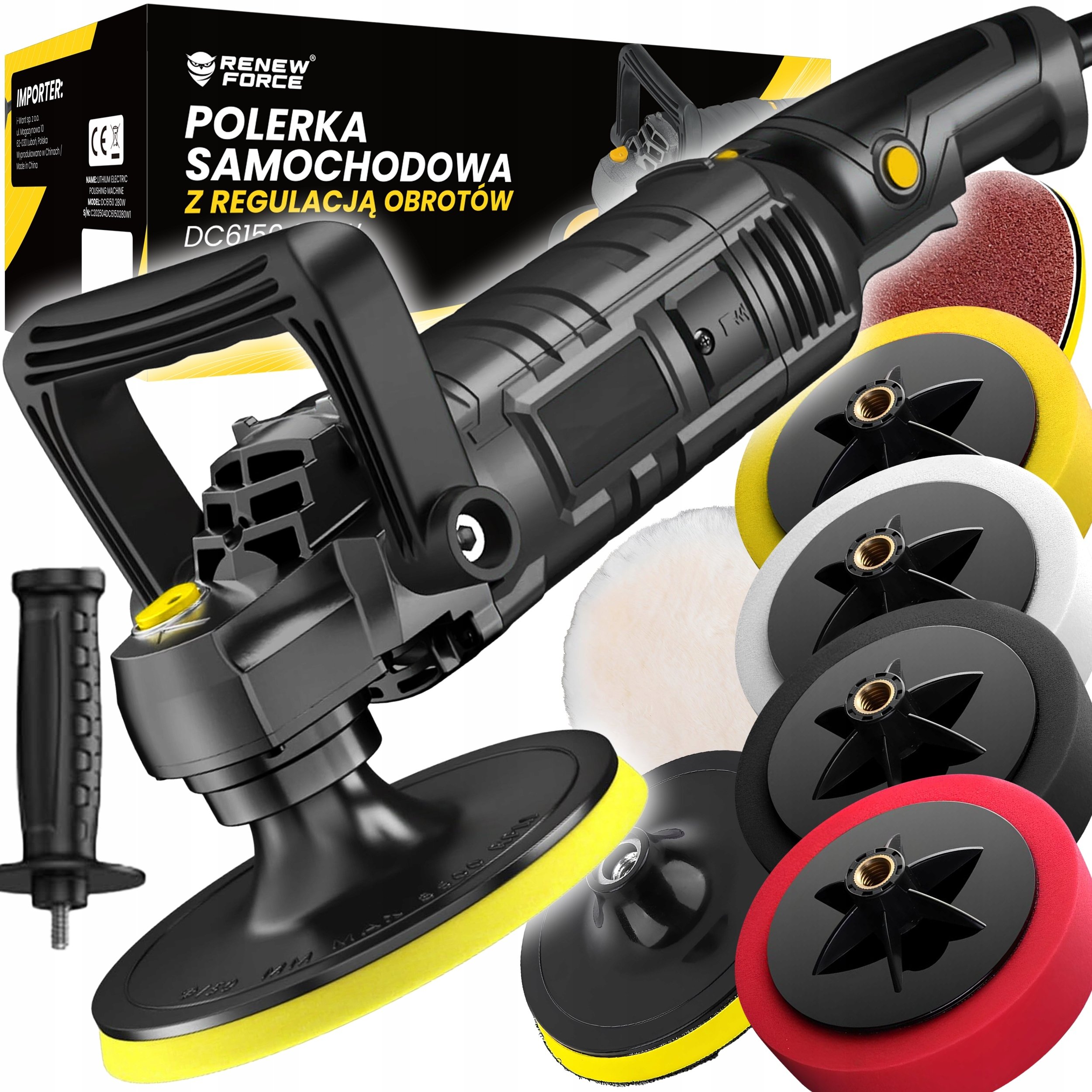 POLERKA SAMOCHODOWA ROTACYJNA 2600W REGULACJA OBROTÓW + ZESTAW GĄBEK + FILC